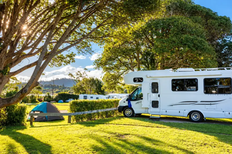 sunny campsite under the trees with a tent and a motorhome